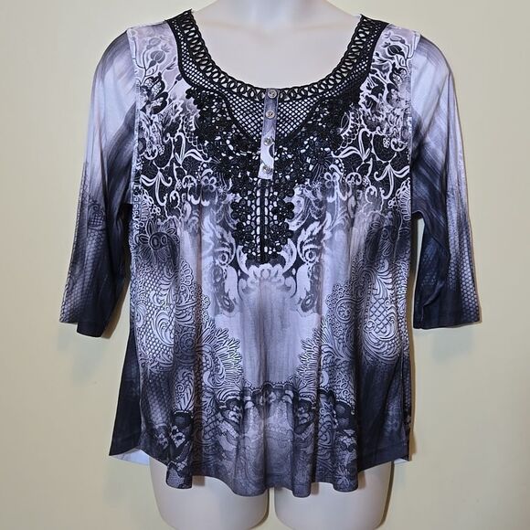One World Women's 3/4 Sleeve Top Size 2X Lace Applique Dark Fairy Whimsigoth - Picture 1 of 12